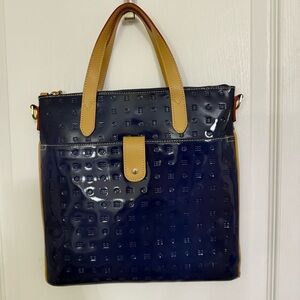 Arcadia Italian patent leather in deep blue crossbody bag .